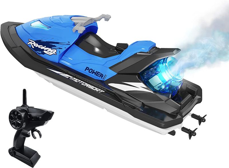 Photo 1 of IOKUKI RC Boats for Kids & Adults with Spraying Function, 2.4G Remote Control Boat for Pools & Lakes with Rechargeable Toy Boat Battery / Dual Motors/ Low Power Prompt / Waterproof - Blue