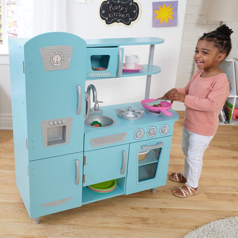 Photo 1 of KidKraft Vintage Wooden Play Kitchen with Pretend Ice Maker and Play Phone, Blue, Gift for Ages 3+, Amazon Exclusive