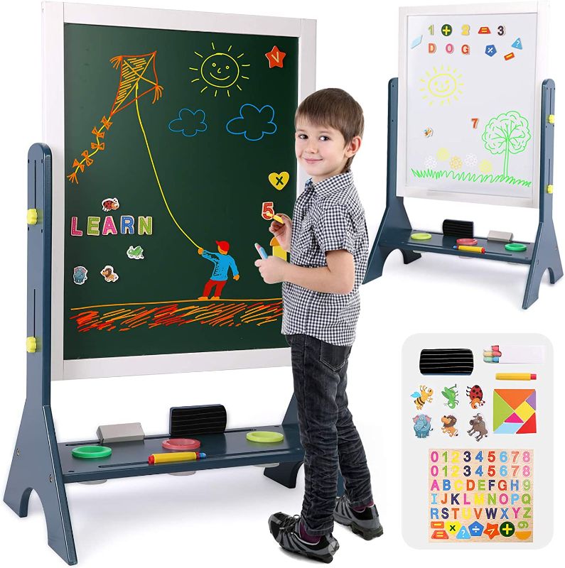 Photo 1 of Kids 2-in-1 Wooden Art Easel,Double-Sided Magnetic Adjustable Standing Easel,Big Writing and Drawing Whiteboard & Chalkboard with Magnetic Letters and Numbers Accessories for Boys Girls