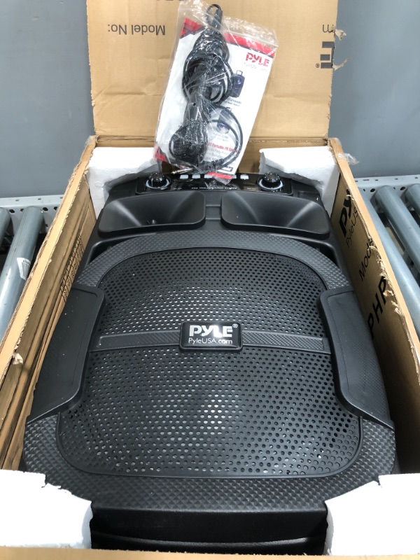 Photo 2 of Portable Bluetooth PA Speaker System - 800W 12” Outdoor Bluetooth Speaker Portable PA System - Party Lights, USB SD Card Reader, FM Radio, Rolling Wheels - Wired Microphone, Remote - Pyle PPHP128B
