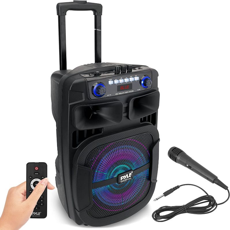 Photo 1 of Portable Bluetooth PA Speaker System - 800W 12” Outdoor Bluetooth Speaker Portable PA System - Party Lights, USB SD Card Reader, FM Radio, Rolling Wheels - Wired Microphone, Remote - Pyle PPHP128B
