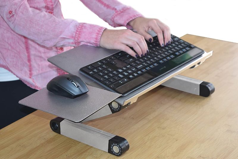 Photo 1 of WorkEZ Keyboard and Mouse Tray ergonomic on-desk riser stand adjustable height angle negative tilt Raise computer keyboards to Standing Height sit stand-up standing accessories lift silver