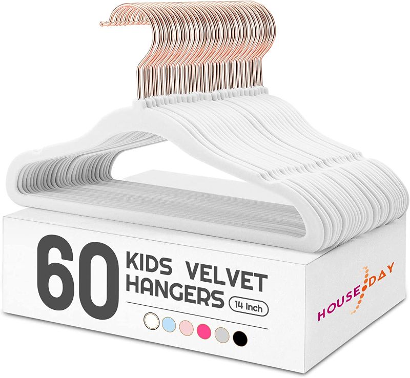 Photo 1 of House Day Velvet Kids Hangers 60 Pack, Premium Childrens Hangers for Closet, Ultra Thin Cute Hangers Kids Clothes Hanger, Non Slip Kids Felt Hangers 14 Inch, Small Hangers for Kids Clothes, White
