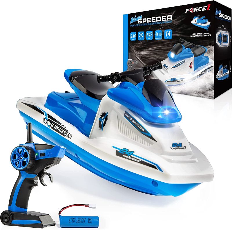 Photo 1 of Force1 Wave Speeder RC Boat for Kids - Remote Control Boat for Pool Water or Lake Play, Mini RC Boat Toy with Remote Kid Motor Boat, Rechargeable Battery, Dual Motor, USB Charger, 2.4GHz Remote (Blue)
