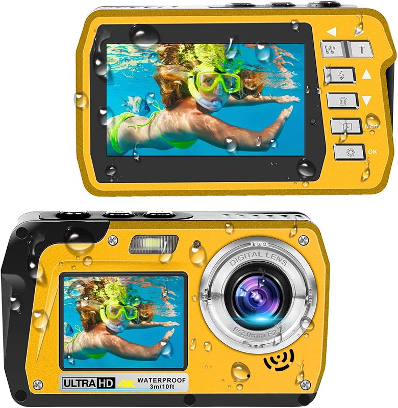 Photo 1 of Waterproof Camera Underwater Camera 4K30FPS 56MP Full HD Video Recorder Selfie Dual Screens 10FT Waterproof Digital Camera for Snorkeling on Vacation for Beginners(Yellow)
