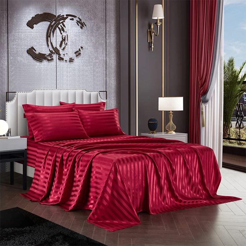 Photo 1 of AiMay 6 Piece Satin Italian Style Bed Sheet Set Deep Pocket Stripes Super Soft 1800 Luxury Rich Silk 1 Flat Sheet 1 Fitted Sheet 4 Envelope Pillowcases Stain-Resistant Wrinkle Free (King,Burgundy)
