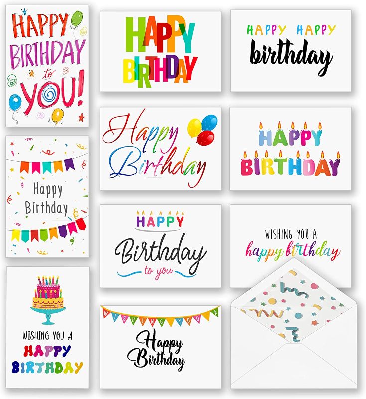 Photo 1 of 100 Happy Birthday Cards Bulk, Large 5x7 Inch Assorted, with Envelopes ,Stickers and Simple Greetings Inside , 10 Unique Designs, Thick Card Stock Box Set
