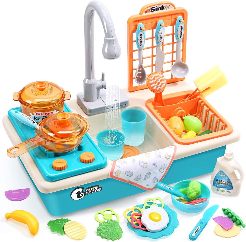 Photo 1 of CUTE STONE Play Kitchen Sink Toys with Upgraded Real Faucet, Play Cooking Stove, Cookware Pot and Pan,Play Food, Color Changing Dishes Accessories for Boys Girls Toddlers
