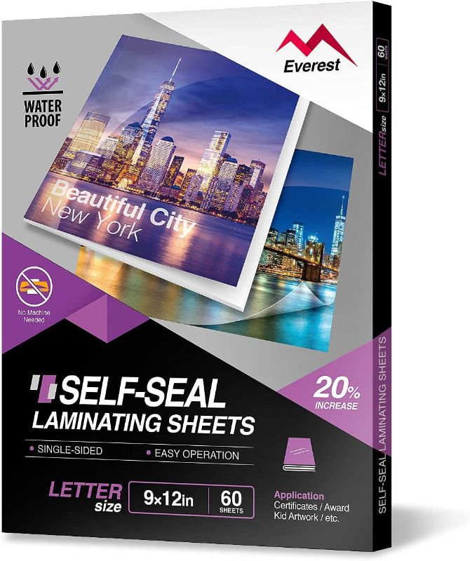 Photo 1 of Everest Self Adhesive Laminating Sheets, Single Sided, Waterproof, Removable Adhesive Within 24 Hours, 9 x 12 Inches, 60 Clear Self Seal Laminating Sheets, Letter Size
