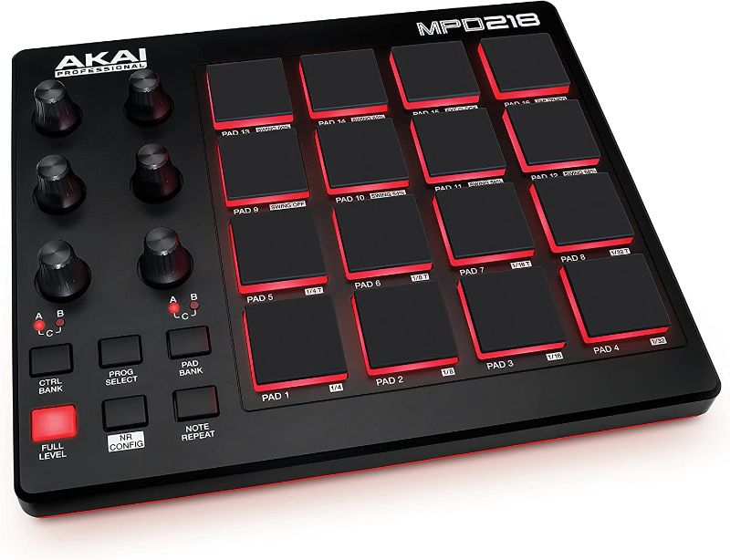 Photo 1 of AKAI Professional MPD218 - USB MIDI Controller with 16 MPC Drum Pads, 6 Assignable Knobs, Note Repeat & Full Level Buttons and Production Software
