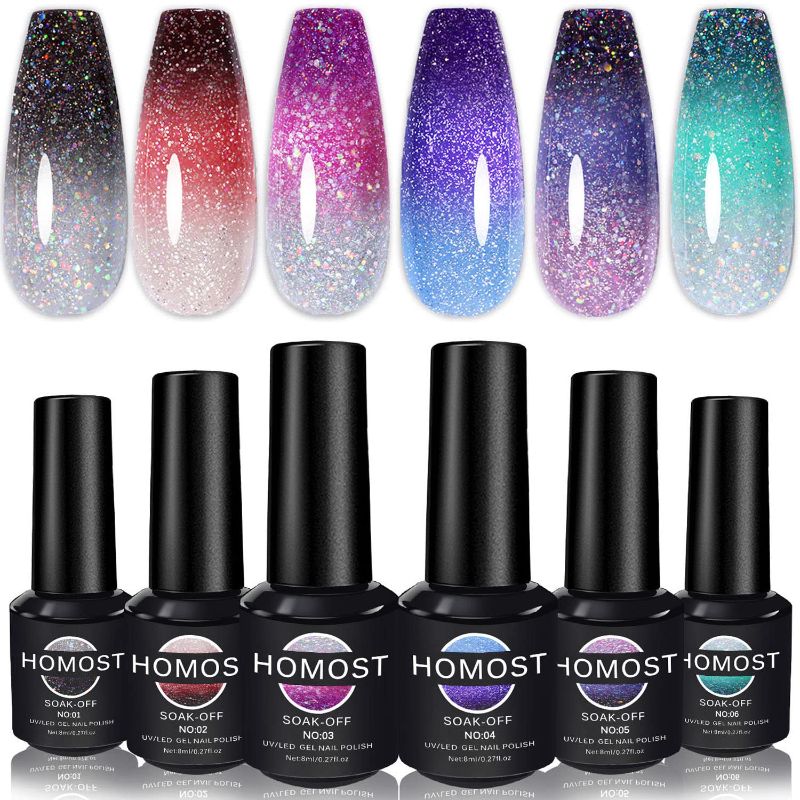 Photo 1 of HOMOST Color Changing Reflective Glitter Diamond Gel Nail Polish Set, 6 Colors Glitter Gel Polish Reflective Pink Purple Blue Nail Polish Kit
