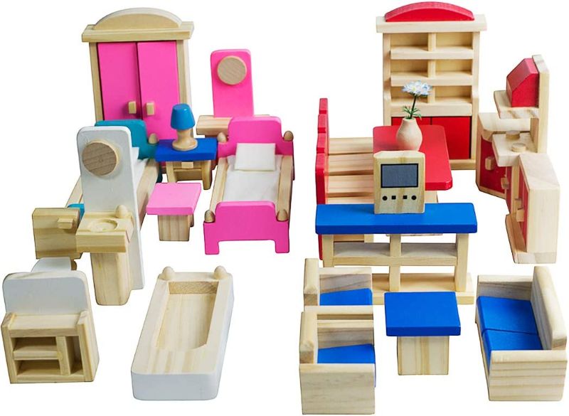 Photo 1 of ooden Dollhouse Furniture - 5 Sets, 1:12 Scale Doll House Furnishings, 35 Pieces of Dollhouse Accessories 