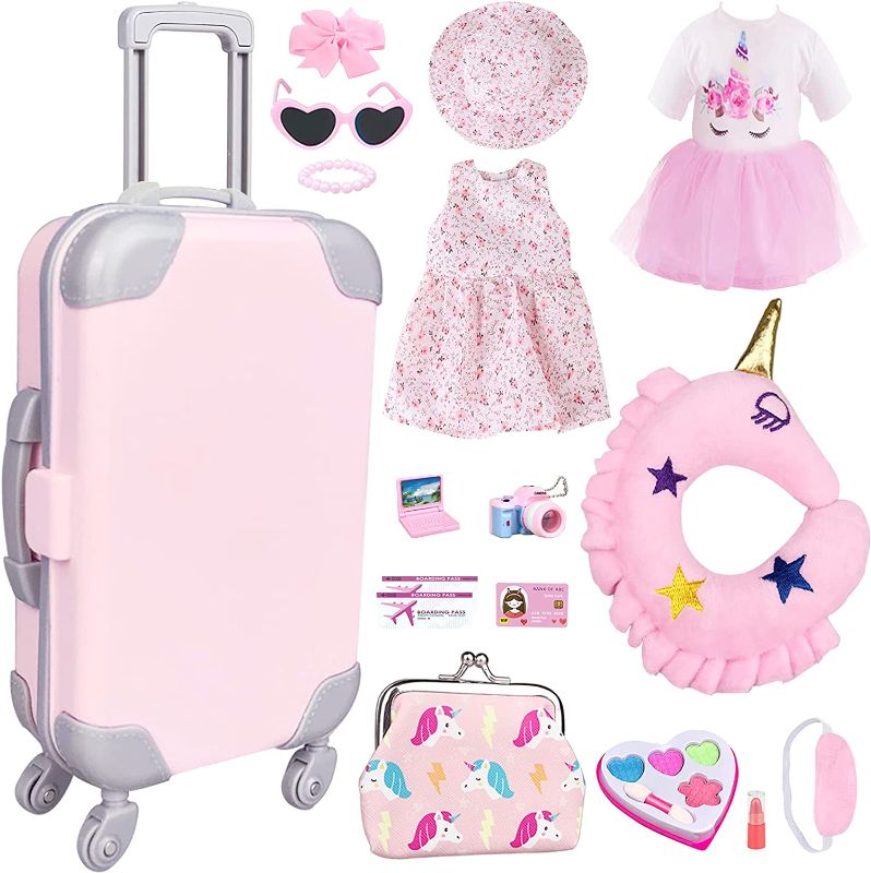 Photo 1 of American Doll Accessories Case Luggage Travel Play Set for 18 Inch Dolls Travel Storage, American Doll Stuff with Doll Clothes and Accessories Camera Travel Pillow, 17 Pcs