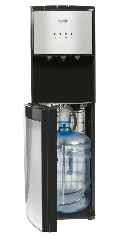 Photo 1 of (MISSING DOOR HINGE/TRAY; DENTED/CRACKED)  Igloo IWCBL353CRHBKS Stainless Steel Hot, Cold & Room Water Cooler Dispenser, Holds 3 & 5 Gallon Bottles, 3 Temperature Spouts, No Lift Bottom Loading, Child Safety Lock, Black/Stainless
