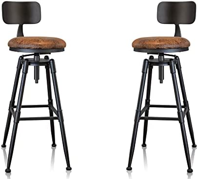Photo 1 of (BENT LEG; SCRATCHED METAL; MISSING HARDWARE/SEAT) MSMV 27-35 Inch (Set of 2) Vintage Industrial Bar Stool-Farmhouse Swivel Bar Stool-Swivel Kitchen Island Dining Chair-Kitchen Counter Height Adjustable Pipe Stool-Cast Steel Stool
