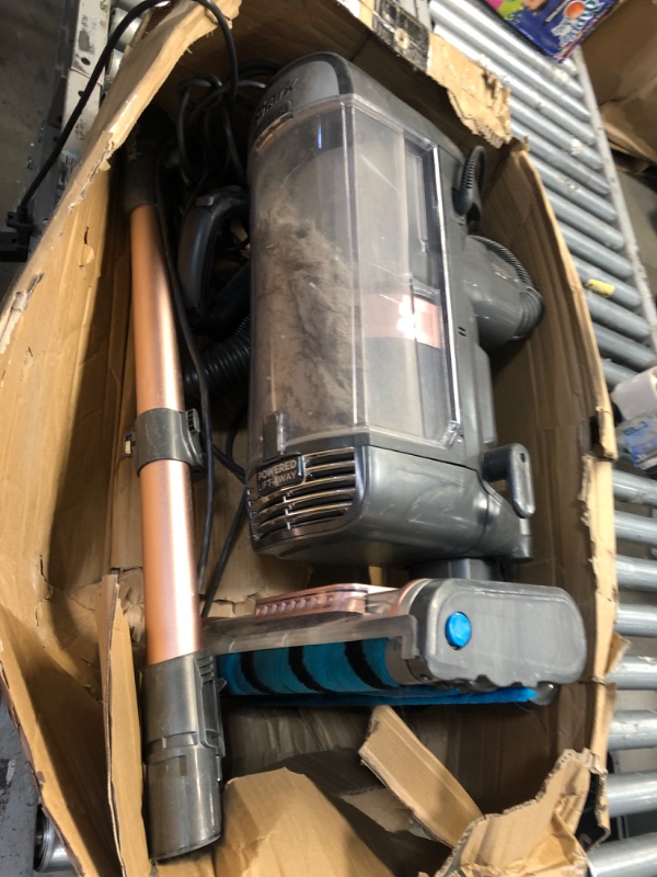 Photo 4 of (VERY DUSTY/SCRATCHED) Shark AZ2002 Vertex Powered Lift-Away Upright Vacuum with DuoClean PowerFins, Self-Cleaning Brushroll, Large Dust Cup, Pet Crevice Tool, Dusting Brush & Self-Cleaning Pet Power Brush, Silver/Rose Gold
