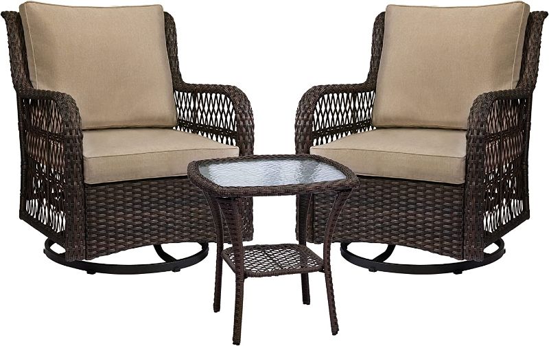 Photo 1 of 3 Pieces Outdoor Wicker Swivel Rocker Patio Set, IDEALHOUSE 360 Degree Swivel Rocking Chairs Elegant Wicker Patio Bistro Set with Premium Cushions and Armored Glass Top Side Table for Backyard (Beige)
