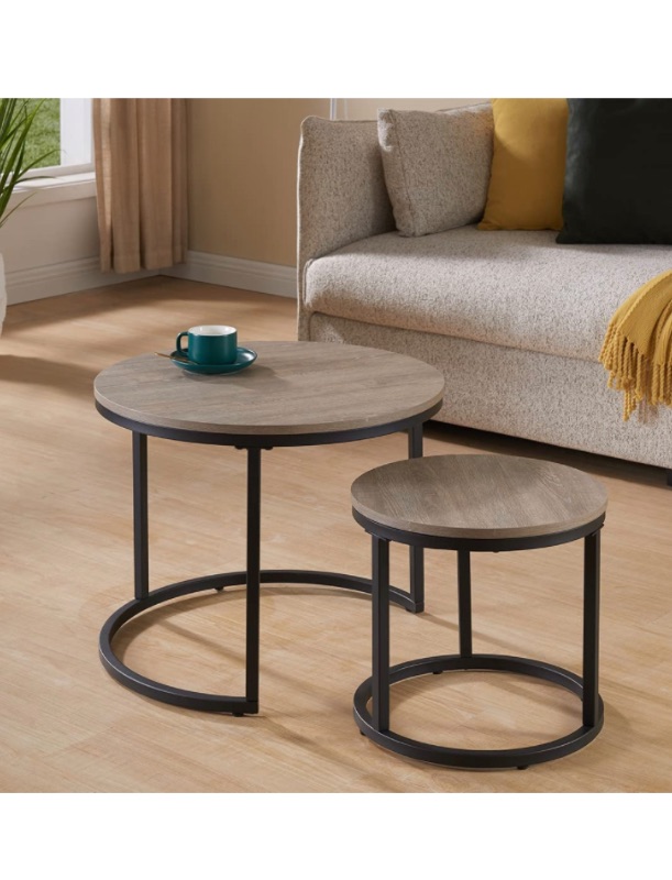 Photo 1 of 4.7 out of 5 stars9 Reviews
CENSI Modern Round French Oak Nesting Coffee Table for Living Room Set of 2, Industrial Reclaimed Stacking Vintage Accent Table, Diameter 23.6" and 15.7"(Grey-Wash Oak)
