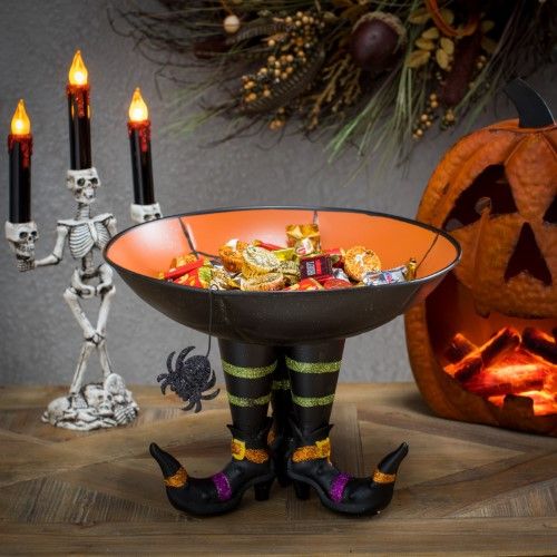 Photo 1 of 11-Inch Metal Candy Bowl on Witch Boots with Spider
