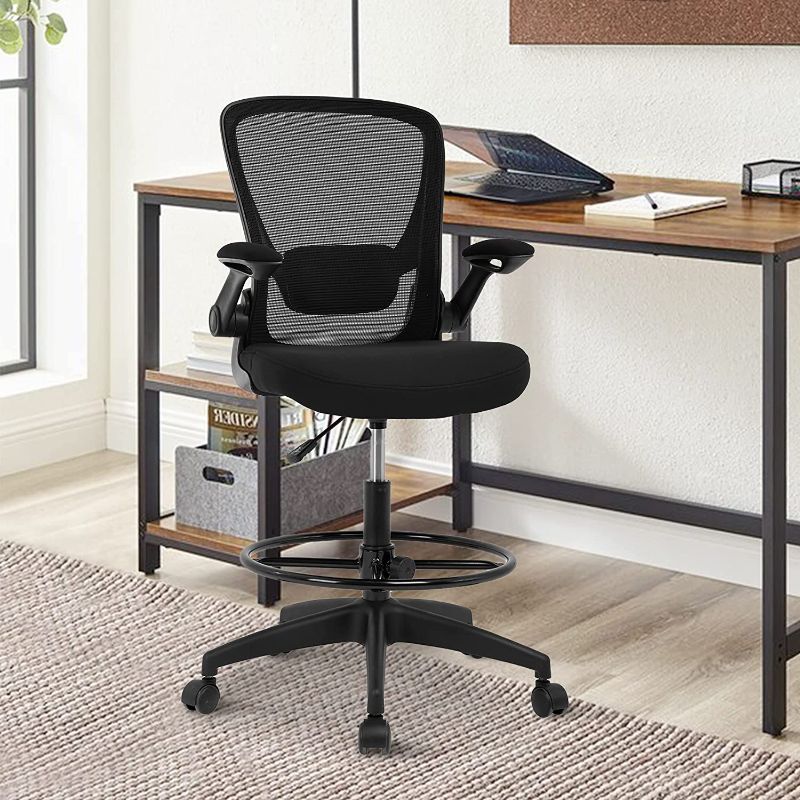 Photo 1 of Drafting Chair Tall Office Chair Mid-Back Breathable Mesh Executive Task Desk Chair 360° Swivel Rolling Ergonomic 51" High Adjustable Computer Chair w/Lumbar Support Foot Ring & Flip-Up Arms (Black)
