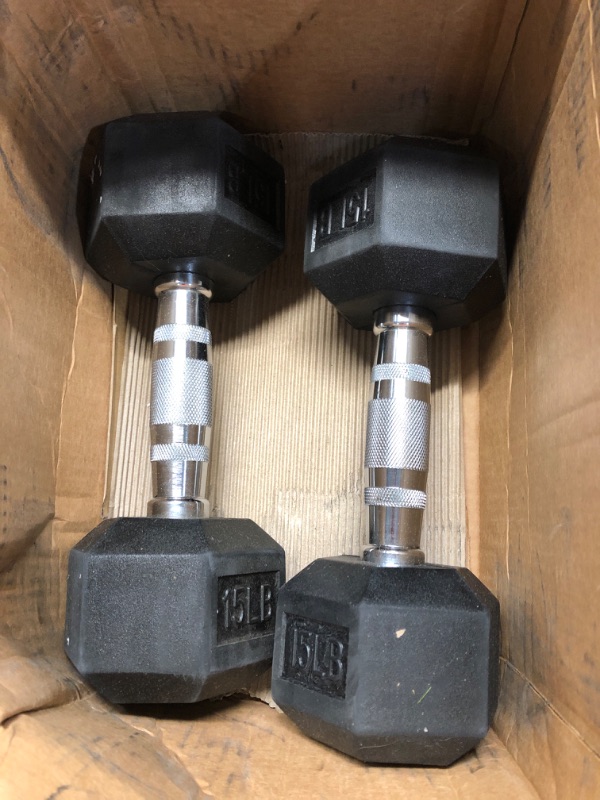 Photo 1 of  Rubber Encased Hex Dumbbell in Pairs 15 lbs