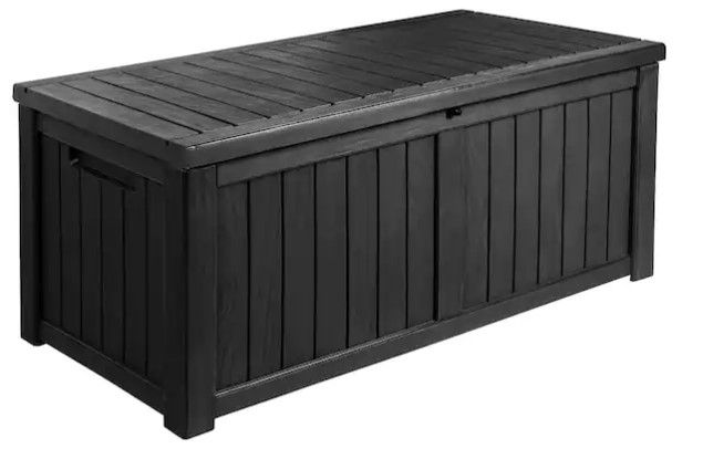 Photo 1 of 119 Gal. Outdoor Storage Box Plastic Resin Deck Box, Black Dimensions: H 24.25 in, W 21.25 in, D 48 in

