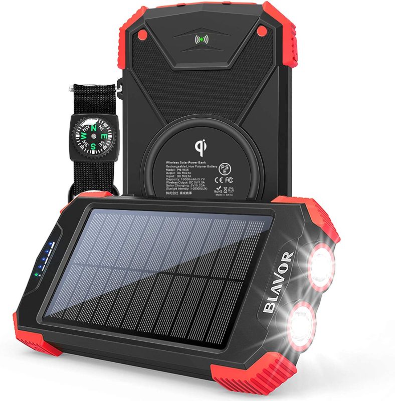 Photo 1 of Solar Charger Power Bank, Qi Wireless Charger 10,000mAh External Battery Pack Type C Input Port Dual Flashlight, Compass, Solar Panel Charging (Red)
