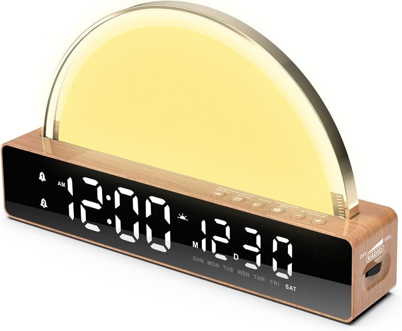 Photo 1 of Sunrise Alarm Clock, SinFoxeon Clock Radio Wake Up Light with Simulated Sunrise Touch-Changed Dynamic Atmosphere Light 6 Natural Sounds 7 Color Sleep Breathing Light for Heavy Sleepers
