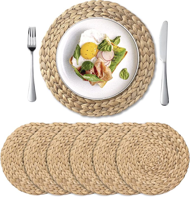 Photo 1 of 6 Pack Large Round Woven Placemats, Water Hyacinth Straw Braided Tablemats Natural Handmade Heat Resistant Non-Slip Potholder for Dining Table (13.5 inch-6 Pack, Water Hyacinth Placemats)