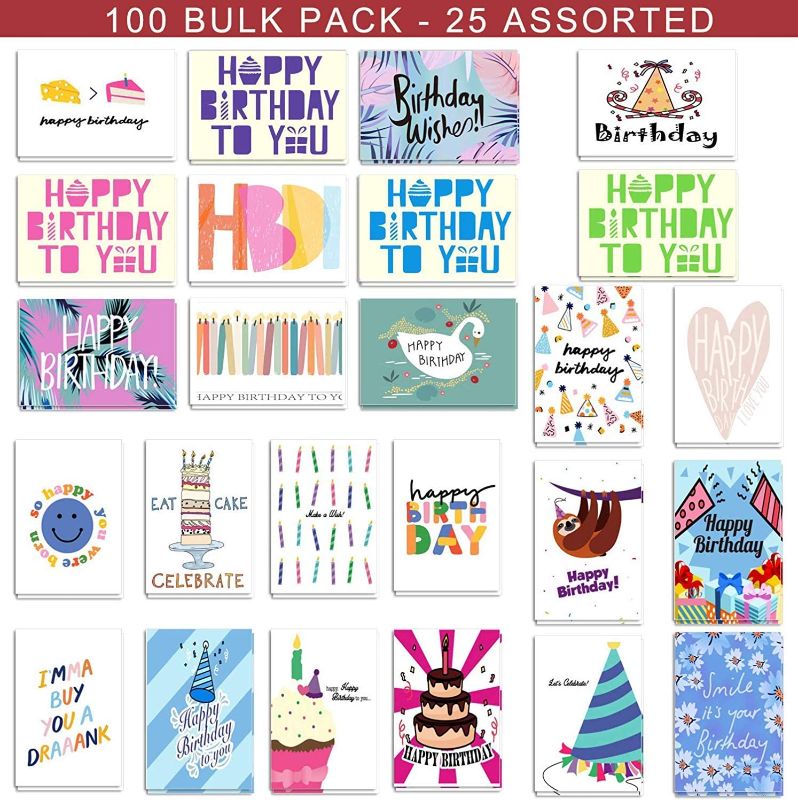 Photo 1 of 100 Birthday Cards Bulk Boxed Set, 25 Assortment Happy Birthday Greeting Cards with Envelopes and Seals, 4 x 6 inches Blank on the Inside

