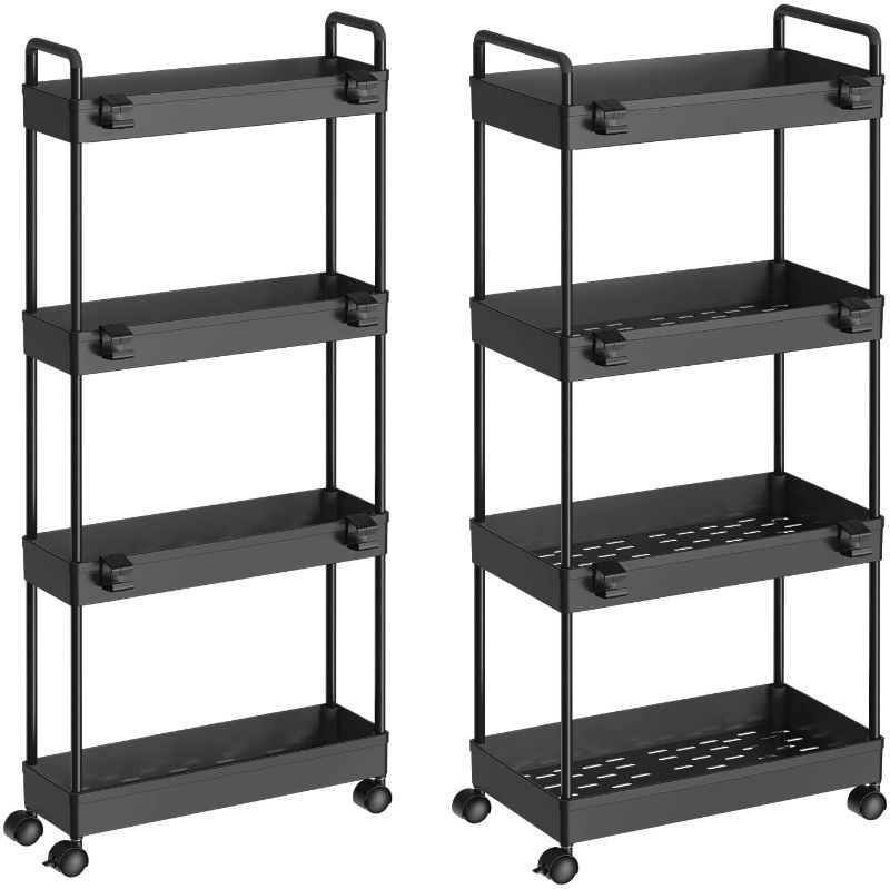 Photo 1 of 2 Pack 4 Tier Slim Storage Cart, Bathroom Organizer Laundry Room Organization Mobile Shelving Unit Slide Out Rolling Rack with Wheels for Kitchen Garage Office Small Apartment Narrow Space
