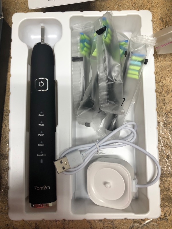 Photo 2 of 7am2m Sonic Electric Toothbrush with 6 Brush Heads for Adults and Kids, One Charge for 90 Days, Wireless Fast Charge, 5 Modes with 2 Minutes Build in Smart Timer, Electric Toothbrushes(Black)

