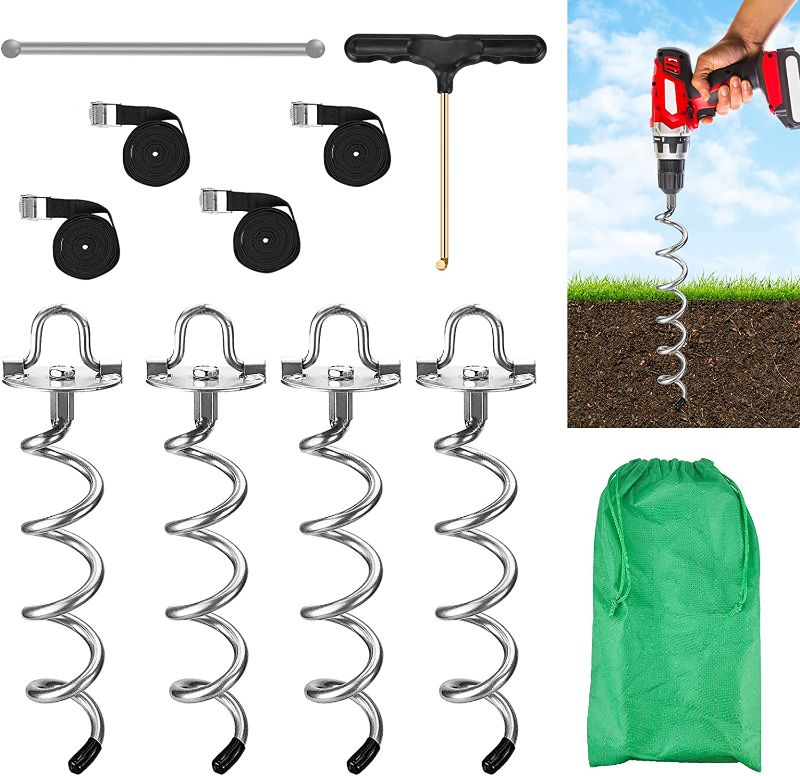 Photo 1 of 10.6 Inch Spiral Ground Anchors with T-hook Silver Spiral Stake Outdoor Heavy Duty Camping Stakes Spiraling Anchor Ground Anchors with 4 Strong Belts