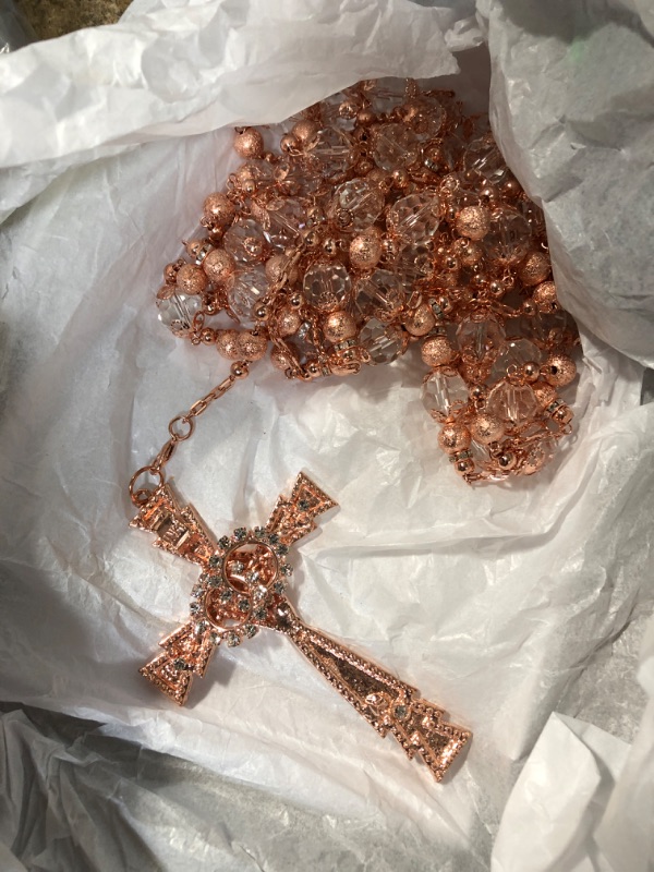 Photo 1 of ****Size: 3ft, 5inches*** Rose Gold & White Gold Plated Created Opal Cross Chain (Rosary Necklace Cross)