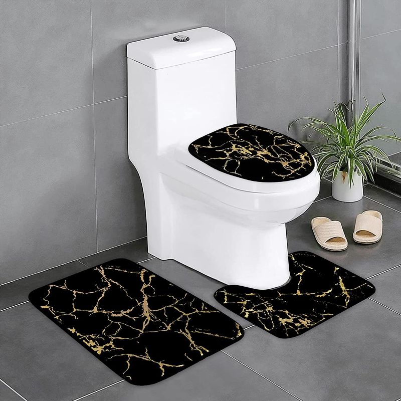 Photo 1 of Alishomtll Black Marble Bathroom Rugs Sets 3 Piece with Non-Slip Rug, Toilet Lid Cover and Bath Mat, Gold Bathroom Rugs and Mats Sets, Modern Bath Rugs for Bathroom Washable Bathroom Accessories Set
