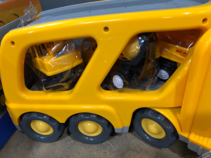 Photo 3 of Construction Vehicles Transport Truck Carrier Toy - with Excavator Mixer Crane Dump, Real Siren Brake Sounds & Lights, Removable Engineering Vehicle Parts, Gift for Kids Boys Girls
