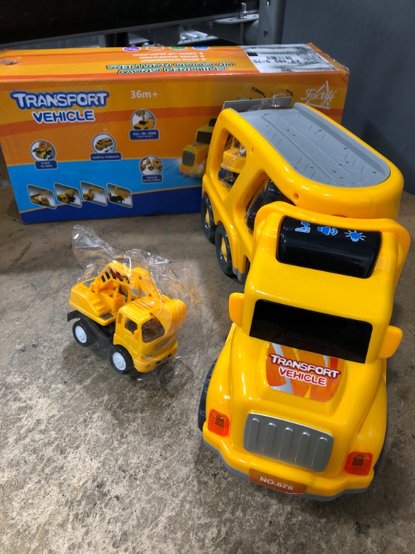 Photo 2 of Construction Vehicles Transport Truck Carrier Toy - with Excavator Mixer Crane Dump, Real Siren Brake Sounds & Lights, Removable Engineering Vehicle Parts, Gift for Kids Boys Girls
