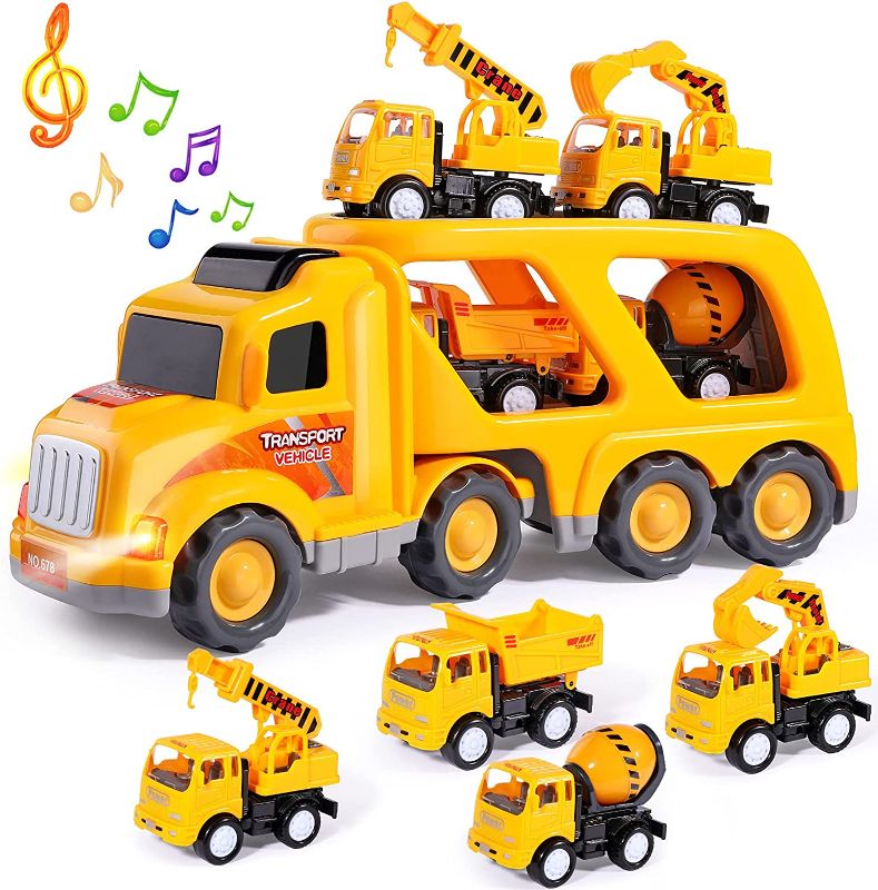 Photo 1 of Construction Vehicles Transport Truck Carrier Toy - with Excavator Mixer Crane Dump, Real Siren Brake Sounds & Lights, Removable Engineering Vehicle Parts, Gift for Kids Boys Girls
