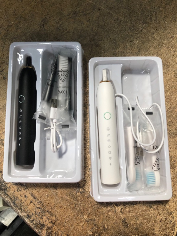 Photo 2 of 2 Pack Sonic Electric Toothbrush 6 Modes 42000vpm, with 2-Minute Built-in Timer, Include 8 Brush Heads (Black+White) **see notes**