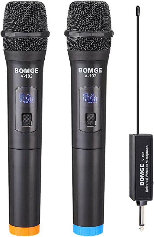 Photo 1 of BOMGE VHF Wireless Microphone System-VHF Fixed Dual Frequency Wireless Set with 2 Handheld Dynamic Transmitter Mics, Receiver Base-for PA, Karaoke, Dj Party (V102-A)