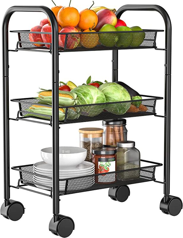 Photo 1 of 3-Tier Mesh Wire Rolling Storage Cart Multifunctional Utility Cart with 4 Free Rolling Casters, 2 Lockable Wheels, 4 Hooks for Home, Office, Kitchen, Bathroom, Bedroom, Storage Organizer