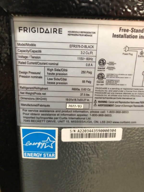 Photo 4 of ***PARTS ONLY*** FRIGIDAIRE EFR376-BLACK 3.1 Cu Ft Black Retro Bar Fridge with Side Bottle Opener
