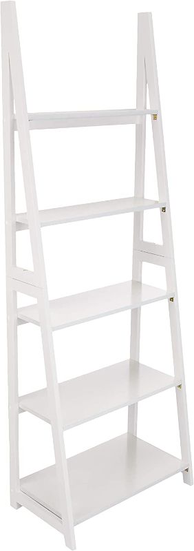 Photo 1 of Amazon Basics Modern 5-Tier Ladder Bookshelf Organizer, Solid Rubberwood Frame - White