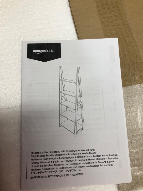 Photo 3 of Amazon Basics Modern 5-Tier Ladder Bookshelf Organizer, Solid Rubberwood Frame - White