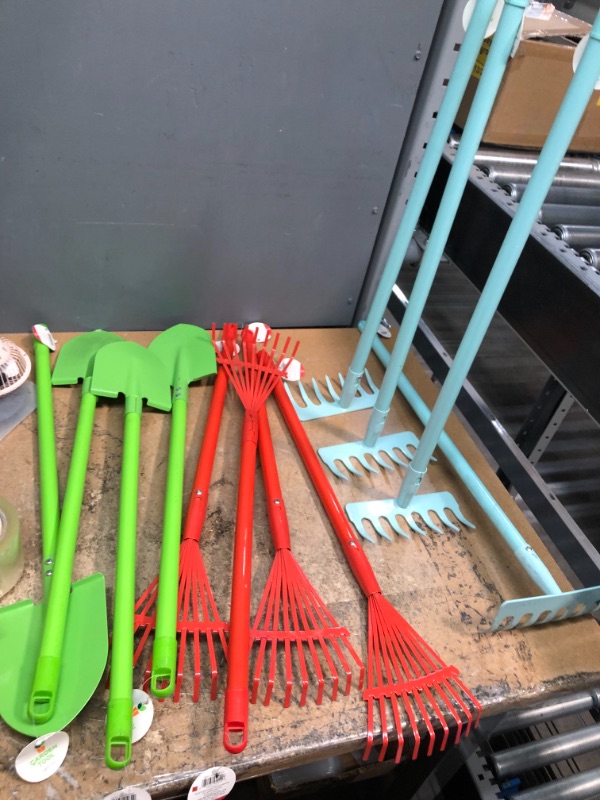 Photo 1 of (BUNDLE OF 12) Kids Garden TOOLS. 4 LEAF RAKES. 4 ROCK RAKES. AND 4 SHOVELS