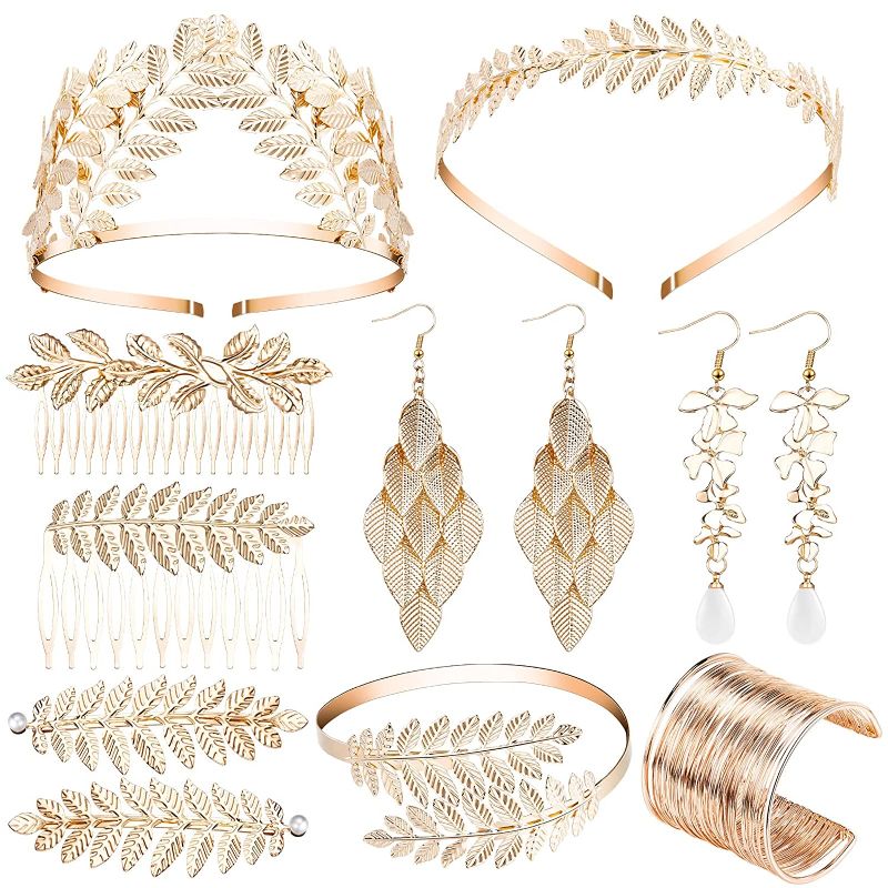 Photo 1 of 12 Pieces Goddess Costume Accessories Set Greek Leaf Headband Golden Leaves Bridal Hair Crown Headband Hair Comb Coil Upper Armband Dangle Earrings Bridal Headpiece for Wedding Party Accessories
