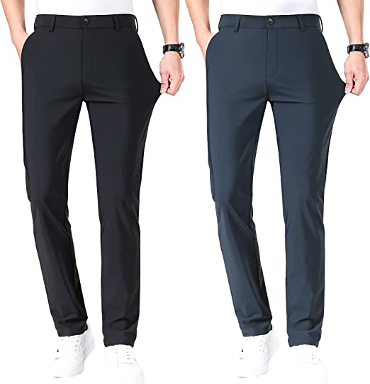 Photo 1 of LUSHENUNI Men's Golf Pants Slim High Stretch, Ice Silk Dress Pants with Expandable-Waist Pants
