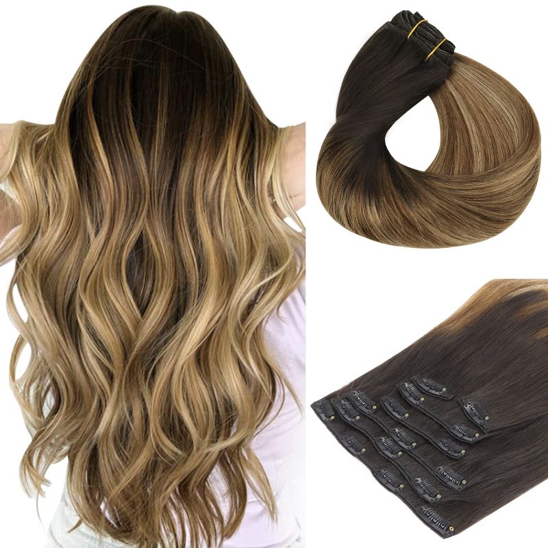 Photo 1 of *** ONLY 2 CLIPS*** Clip in Hair Extensions, hotbanana Balayage Ombre Brown to Dirty Blonde 120g Clip in Hair Extensions Real Human Hair Straight Remy Hair Clip in Hair Extensions 20 inch 7pcs
