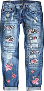 Photo 1 of Astylish Womens Plaid Patch Ripped Boyfriend Distressed Stretch Skinny Denim Jeans med