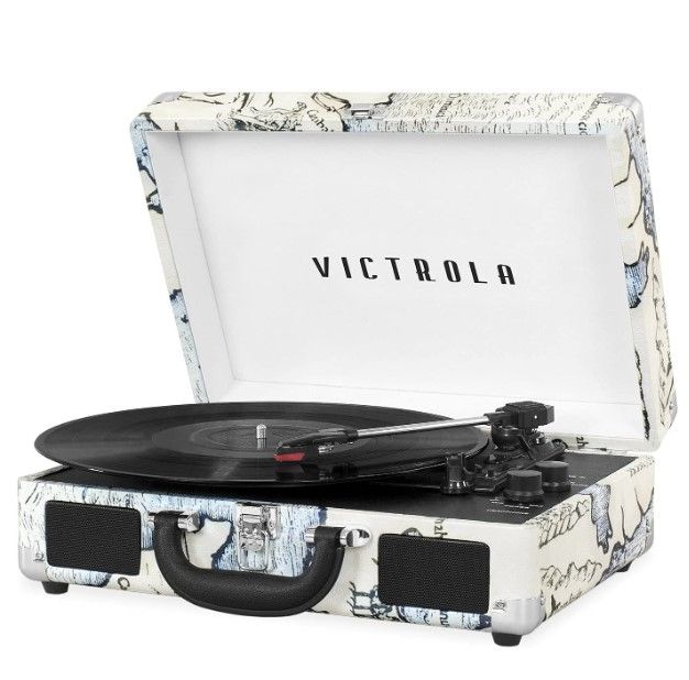 Photo 1 of *Tested-Powers On/Damage-See Photos* Victrola Vintage 3-Speed Bluetooth Portable Suitcase Record Player with Built-in Speakers | Upgraded Turntable Audio Sound| Includes Extra Stylus | Retro Map (VSC-550BT-P4)
